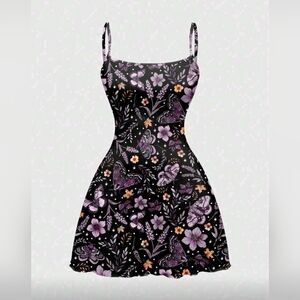 ROMWE Fairycore Dark Mysterious Bohemian Floral & Butterfly Print Mini Dress